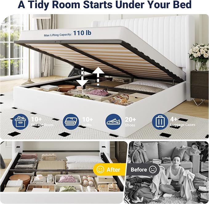 Allewie Full Size Lift Up Storage Bed Frame, Hydraulic Support System, Upholstered Platform Bed Frame, Underneath Storage, Vertical Channel Tufted Headboard with Wingback, No Box Spring Needed, White