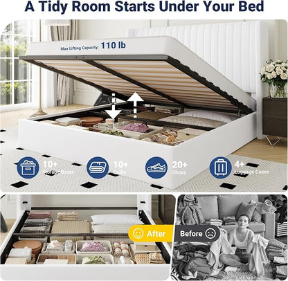Allewie Queen Size Lift Up Storage Bed Frame, Hydraulic Support System, Upholstered Platform Bed Frame, Underneath Storage, Vertical Channel Tufted Headboard with Wingback, No Box Spring Needed, White
