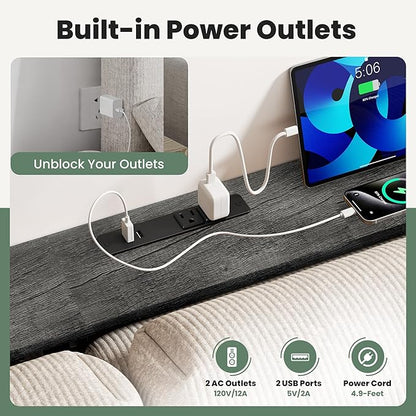 GRLEAF 70" Sofa Table with Built-in Power Strip (2 AC Outlets & 2 USB Ports) – 4.9ft Power Cord, Metal Frame, Easy Assembly, Long Couch Table Behind Sofa, Living Room and Home Office | Charcoal Gray