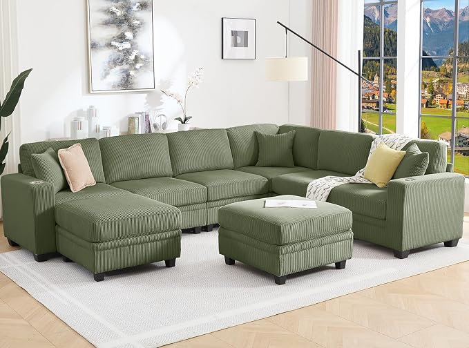 127" Modular Sectional Sofa with Storage, Corduroy 8-Seater V-Shaped Sofa with Ottoman Chaise, Convertible L-Shaped U-Shaped Cloud Sectional Couches for Living Room, Apartment