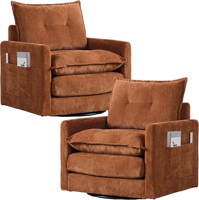 Swivel Accent Chair Set of 2, Modern Swivel Barrel Chair for Living Room, 360 Degree Comfy Square Accent Barrel Chair, Upholstered Sofa Armchair for Bedroom,Reading, Chenille, Brown