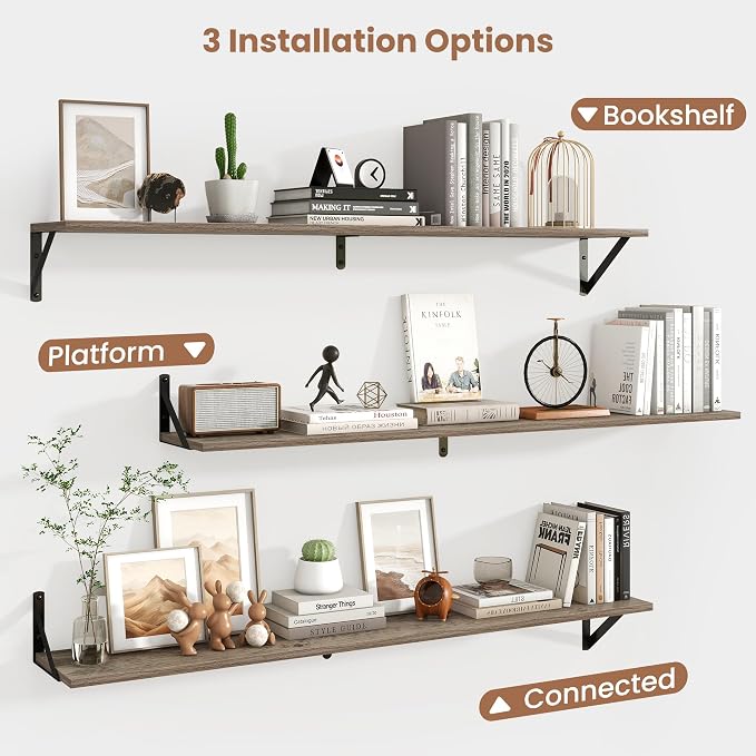Axeman 48 Inch Floating Shelves | 8 Inch Deep Grey Wall Shelves Set of 2 | 47.3" W x 8" D Rustic Grey Wood Shelves for Bathroom Kitchen Living Room