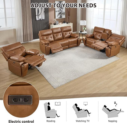 CANMOV Genuine Leather Power Reclining Sofa Set,Living Room Furniture Sofa Set,Power Recliner Chair,Loveseat and Sofa with Storage Console, USB Ports, Cup Holders for Living Room,Brown