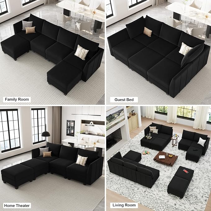 Belffin Modular Sectional Sofa with Double Chaise Velvet U Shaped Sofa Reversible Sectional Couch with Storage Black