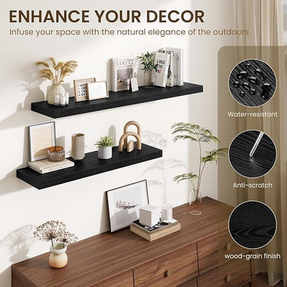 Fun Memories Black Floating Shelves for Wall - 10 x 16 Floating Shelf - Rustic Wood Storage Shelf - Wall Shelves with Invisible Bracket - 16" Bookshelves for Living Room & Bedroom - Black - Set of 2