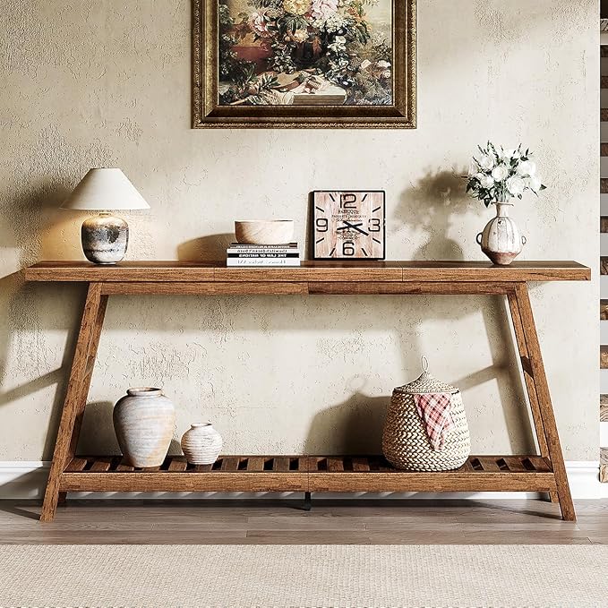 ChooChoo 70.9 Inch Long Console Tables for Entryway, Wood 2-Tier Entry Hallway Table, Narrow Sofa Table Behind Couch Table for Living Room, Entrance, Walnut