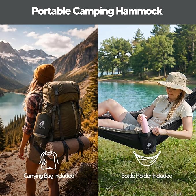 SUNCREAT Camping Hammock – up to 450lbs Portable Hammock with Tree Straps - Travel, Backpacking, Hiking, Black