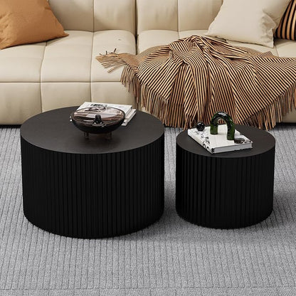 Round Nesting Coffee Table Modern Black Fluted Coffee Table Set of 2 Stripe Round Coffee Tables Circle Drum Coffee Tables Side Table Accent End Table for Living Room (Black Large)
