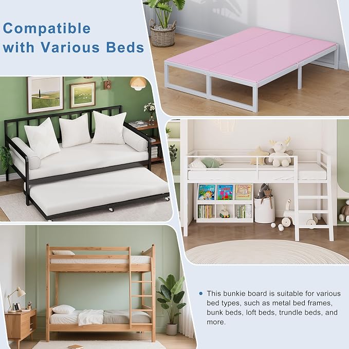 Lutown-Teen Bunkie Board Twin Under Mattress High-Density Polymer Twin Size Bunkie Board Anti-Sag, Breathable, Moisture Resistant, Noise Minimizing, Pink