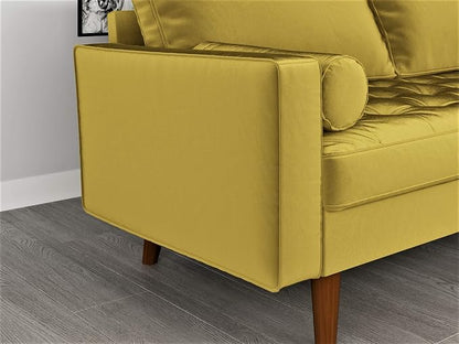 Container Furniture Direct Womble Mid Century Modern Velvet Upholstered Tufted Seat with Bolster Pillows, Loveseat, Sofa, Goldenrod