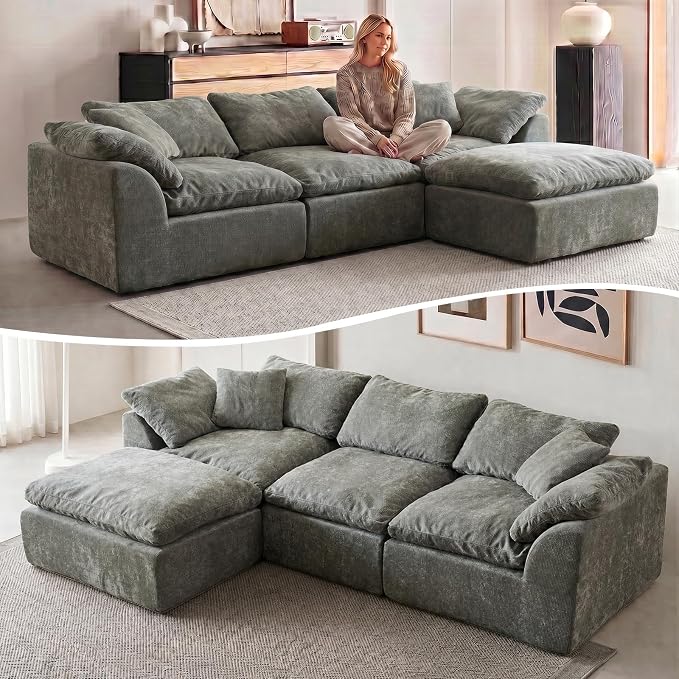 110" Boneless Cloud Couch Sectional for Living Room, Oversized Modular L Shaped Sofa with Ottoman, Deep Seat Chenille Sectional Couch for Cloud-Like Comfort (Ash Grey)