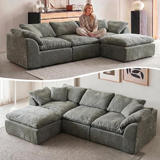 110" Boneless Cloud Couch Sectional for Living Room, Oversized Modular L Shaped Sofa with Ottoman, Deep Seat Chenille Sectional Couch for Cloud-Like Comfort (Ash Grey)