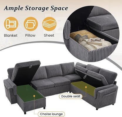 Sectional Sleeper Sofa with Pull Out Bed, 7 Seats U Shaped Modular Sectional Sofa with Storage, USB Ports, Cup Holders, Plush Corduroy Cloud Sectional Couches for Living Room, Dark Grey