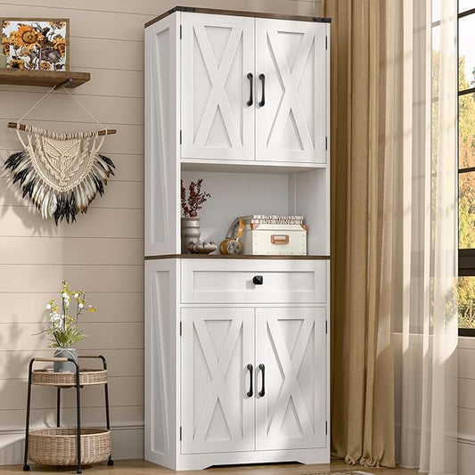 Halitaa Tall Kitchen Pantry Storage Cabinet, Farmhouse Storage with Organizer, Large Capacity Bathroom Cabinet with Drawer,Freestanding Cupboard for Kitchen, Dining Room, White