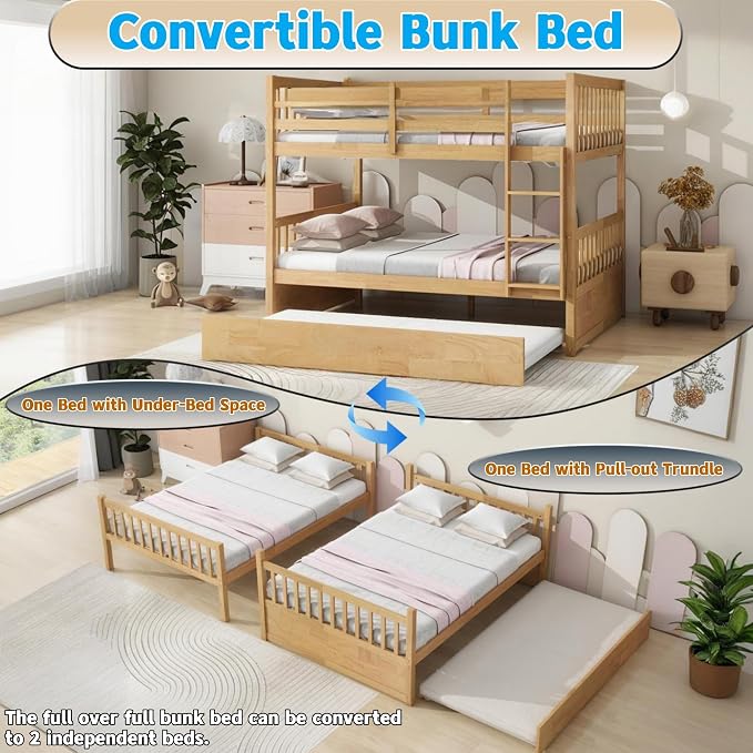 Harper & Bright Designs Convertible Wood Full-Over-Full Bunk Bed with Trundle and Ladder - Can Be Divided Into Two Platform Beds, White Oak