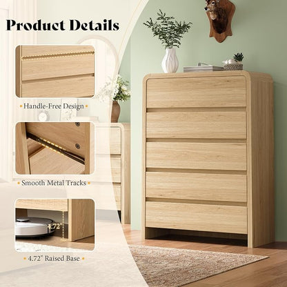 AMERLIFE Modern 3-Piece Bedroom Furniture Set with 5-Drawer Dresser and 2 Nightstands, Large Storage Capacity, Rounded Corners, Flexible Combination Design, Anti-Tip Kit Included, Light Oak