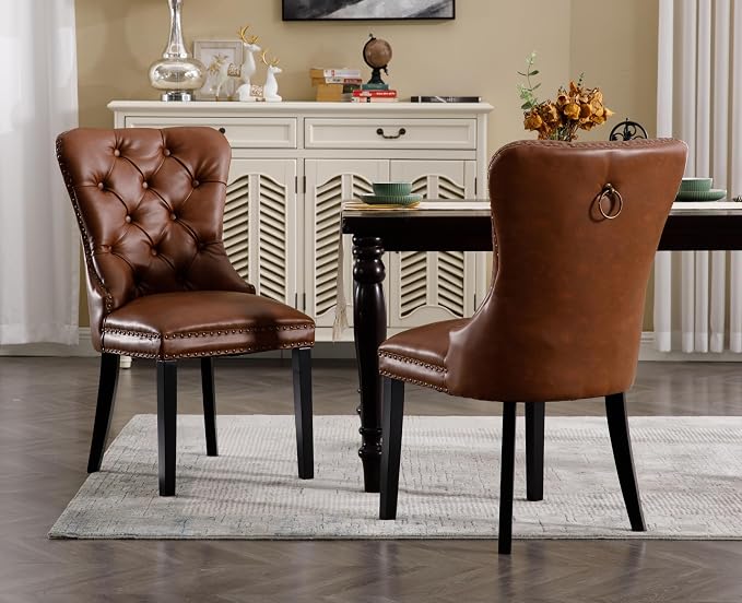 EALSON Modern Dining Chairs Set of 2 Mid Century Leather Dining Room Chairs with Wood Legs Tufted Upholstered Kitchen Side Chairs with Nail Head Trim for Dining Room/Living Room, Brown with Ring