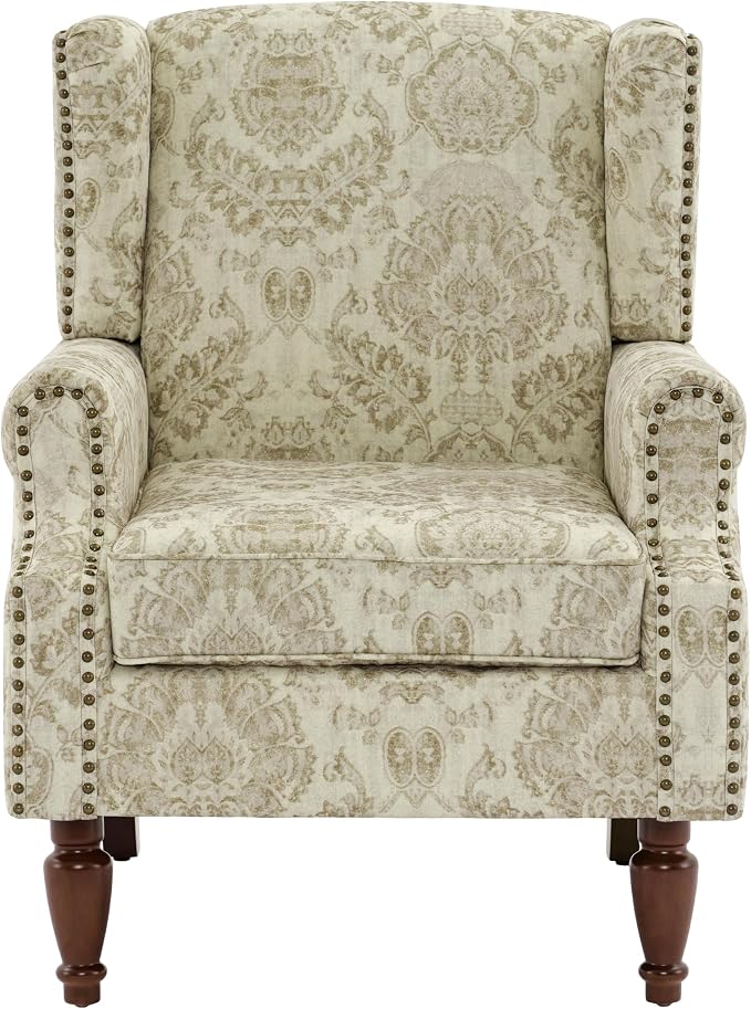 Pia Ricco Set of 2 Floral Accent Chairs, High Back Upholstered Armchairs with Retro Wingback Design, Nailhead Trim & Solid Wood Legs for Living Room Bedroom Home Office(Flower White)