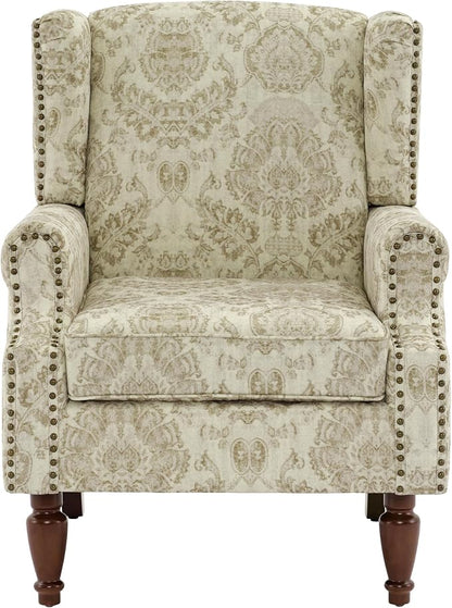 Pia Ricco Set of 2 Floral Accent Chairs, High Back Upholstered Armchairs with Retro Wingback Design, Nailhead Trim & Solid Wood Legs for Living Room Bedroom Home Office(Flower White)