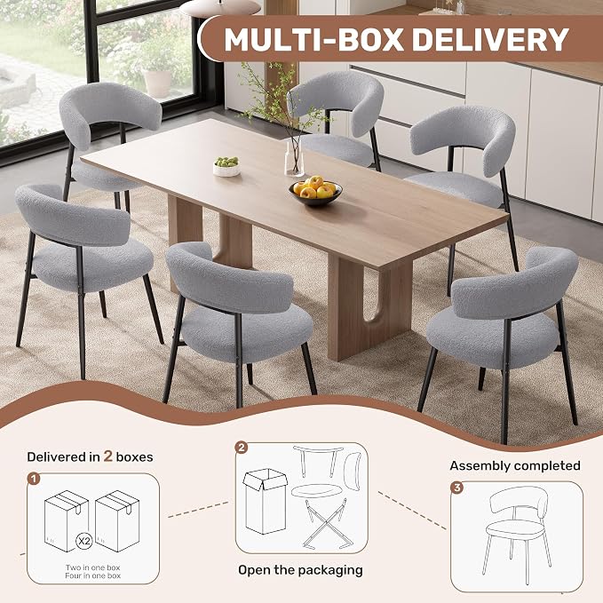 Dining Chairs Set of 6, Mid Century Modern Kitchen Chairs, Boucle Upholstered Dining Chair with Curved Backrest & Metal Legs for Kitchen Dining Room, Grey