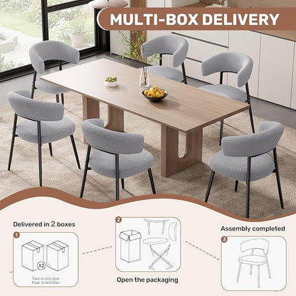 Dining Chairs Set of 6, Mid Century Modern Kitchen Chairs, Boucle Upholstered Dining Chair with Curved Backrest & Metal Legs for Kitchen Dining Room, Grey