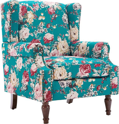 High Back Floral Accent Chair, Upholstered Armchair in Fabric, Retro Printed Wingback Arm Chair for Living Room, Nailhead Trim Single Sofa Bedroom Reading Seat - Peacock Blue