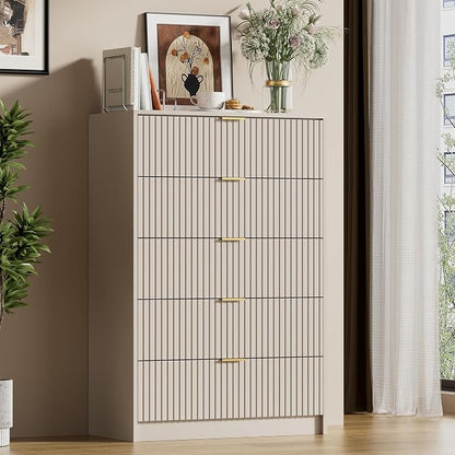 Furniway Beige Dresser for Bedroom, Modern Dresser with 5 Drawers and Smooth Slides, Wide Chest of Drawers with Golden Handles for Bedroom, Living Room, Closet, 15.7" D x 31.5" W x 47.2" H