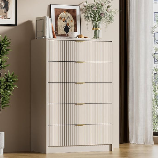Furniway Beige Dresser for Bedroom, Modern Dresser with 5 Drawers and Smooth Slides, Wide Chest of Drawers with Golden Handles for Bedroom, Living Room, Closet, 15.7" D x 31.5" W x 47.2" H