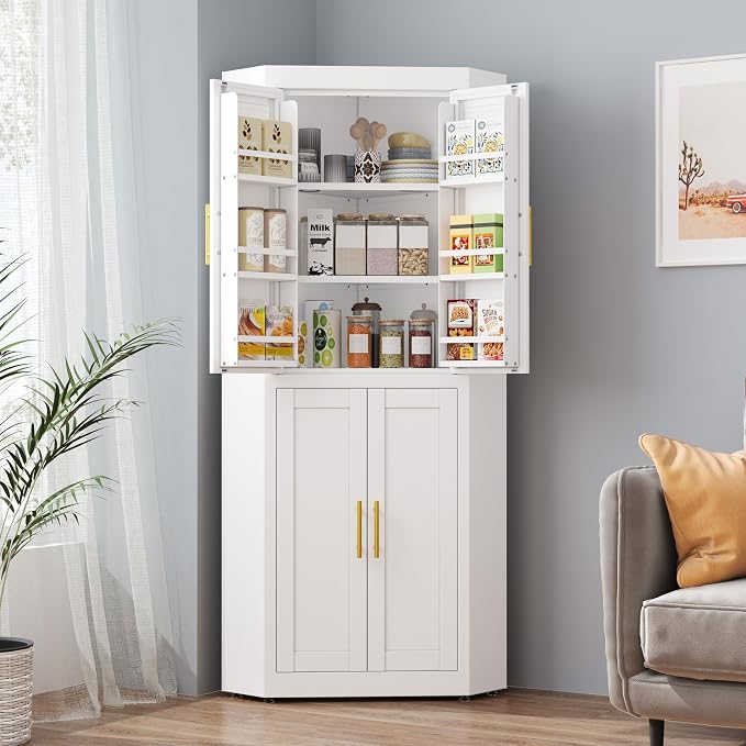 GAIOUS 63" Tall Steel Corner Cabinet, Metal Storage Cabinets with 4 Doors and 3 Shelves, Pantry Cabinets with 6 Door Panel Shelves, Farmhouse Cupboard for Kitchen Dining Room Hallways, White