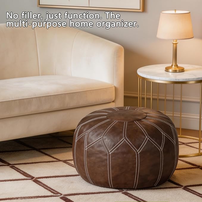 Thgonwid Unstuffed Moroccan Faux Leather Pouf Ottoman Cover with Storage - Boho Chic Multi-Use Footrest for Living Room, Bedroom, Patio - Round Ethnic Floor Cushion & Decorative Accent, Deep Coffee