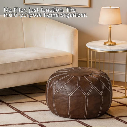 Thgonwid Unstuffed Moroccan Faux Leather Pouf Ottoman Cover with Storage - Boho Chic Multi-Use Footrest for Living Room, Bedroom, Patio - Round Ethnic Floor Cushion & Decorative Accent, Deep Coffee