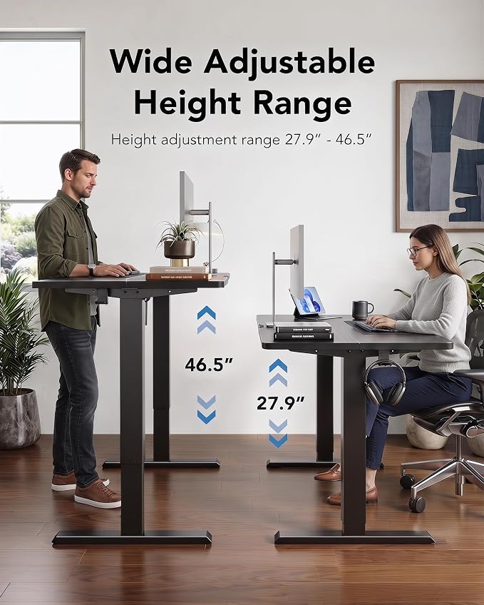 HUANUO Electric Standing Desk,53" x 28" Height Adjustable Desk, 4 Memory Height Settings, Sit to Stand Up Desk for Home Office, with Headphone Hook, Cable Manager, Black