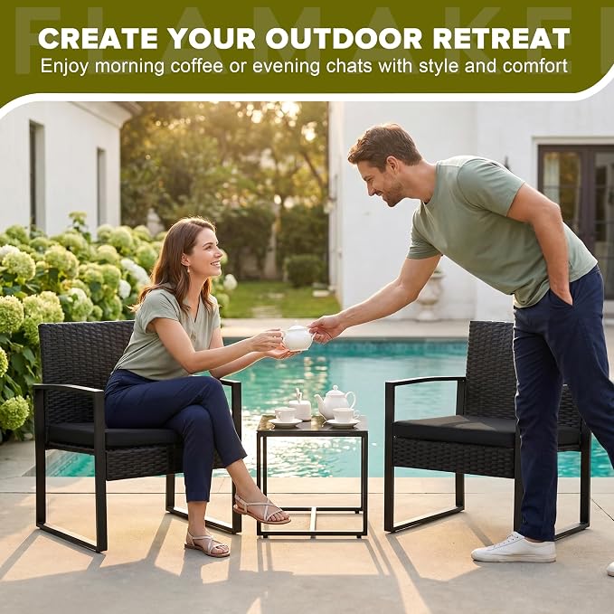 Flamaker 3 Pieces Outdoor Patio Wicker Furniture Set, Modern Rattan Chair Conversation Sets with Coffee Table for Yard and Bistro (Black)