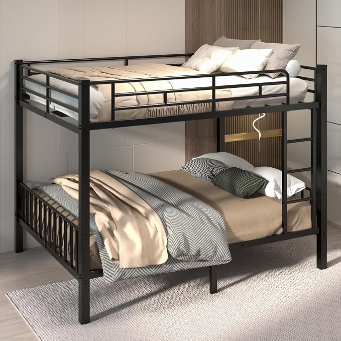 Mixcous Queen Over Queen Bunk Bed, Heavy-Duty Bed Frame with Safety Guardrails, Built-in PVC Rubber Cover Anti-Slip Ladder, Metal Bunk Bed, Noise Reduced, Black