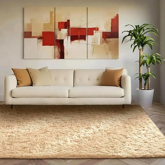 Ophanie Beige Rugs for Living Room Bedroom, 5x8 Fluffy Fuzzy Furry Carpet, Plush Soft Shaggy Bedside Indoor Floor Area Rug for Kids Nursery Home Decor with Over 999 pcs Non-Slip Backing Pattern