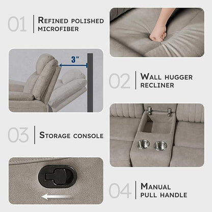 Lexicon Manual Double Reclining Loveseat, Polished Microfiber Manual Wall Hugger Loveseat Recliner for Living Room, Center Storage Console/Cup Holders, Easy Assembly, Dove