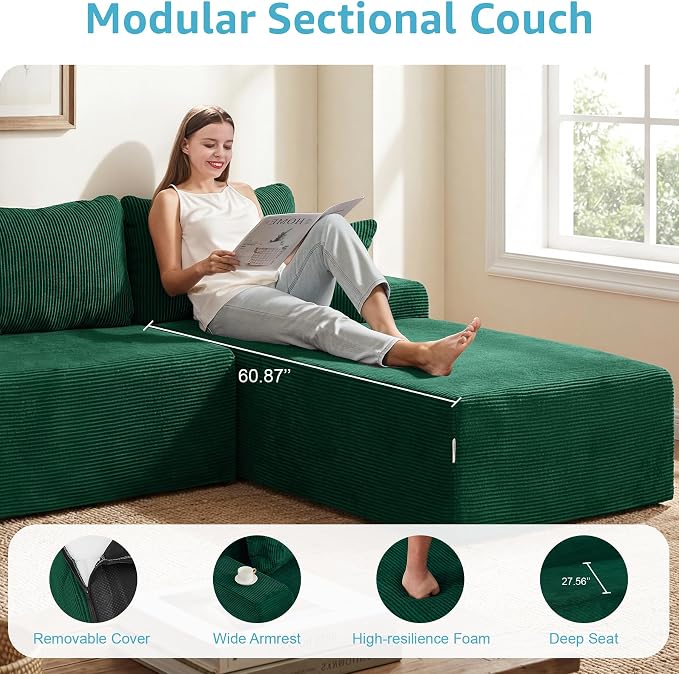 Hobestluk Modular Sectional Sofa Couches L-Shape Couch 3 Seat Modular Sofa Memory Foam Sectional Couches for Living Room, Cloud Couch with Oversized Chaise (Green Corduroy, 108", Right Hand Facing)