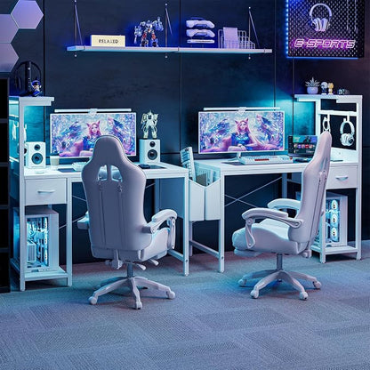 Grandder Gaming Desk 40 Inch with Power Outlet and LED Light, Computer Desk with Reversible Shelves and Storage Drawer, Pc Small Desk for Home Office Table with Bag, Carbon Fiber White