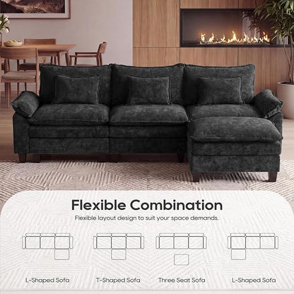 URRED Oversized Modular Sectional Sofa, 122" L Shaped Modern Comfy Cloud Couch with Movable Ottoman & Pillows, Deep Seat Couches for Living Room, Bedroom or Apartment (Chenille Black, 122" L Shaped)
