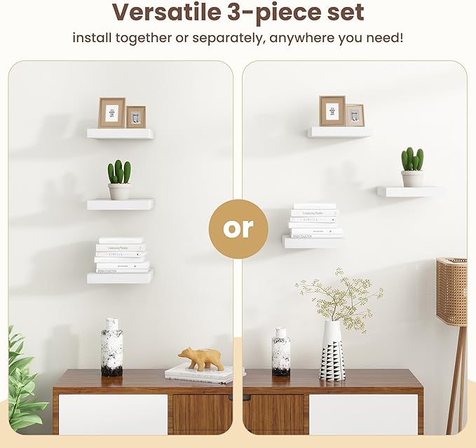 Fun Memories Floating Shelves for Wall - 9.3 Inch Square Shelves with Invisible Brackets, Small Wall Shelf for Living Room, Bathroom, Bedroom, and Kitchen Decor Set of 3