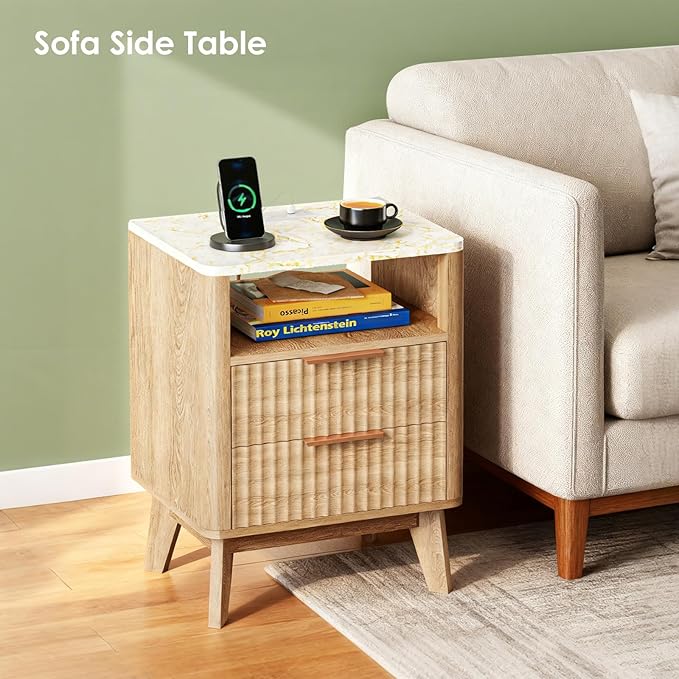 Fixwal Fluted Nightstand with Charging Station, Large Side Table with 2 Wood Drawers for Bedroom, Mid Century Modern Bedside Table, Faux Marble Top, Natural Oak, 17.7 x 13.7 x 23.6in
