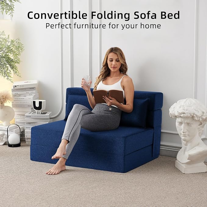 FILUXE Folding Sofa Bed | Convertible Sleeper Chair Bed for Adults, Fold Out Chair to Bed Linen Futon Chair with Pillow, for Home Dorm Apartment RV Living Room, Standard Size, Navy Blue