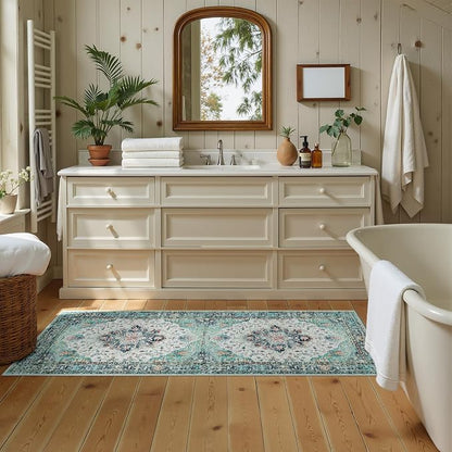 RELEANY Area Rugs Runner 2'x6' Washable Non-Slip, Floral Vintage Distress Medallion Carpet for Kitchen Hallway Bedroom Beside Laundry Room Bathroom, Green Navy Blue White Red Teal