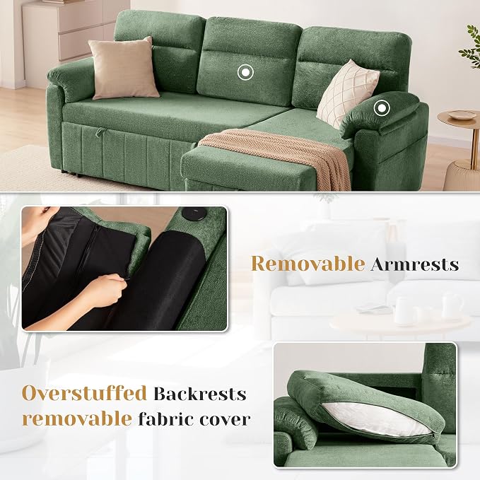 Tbfit 80'' Sleeper Sofa Bed, 3 in 1 Cloud Pull Out Sofa Couch with USB & Storage Chaise, Chenille Convertible Sofa Bed with Pull Out Bed, Couches for Living Room, Apartment, Office, Green
