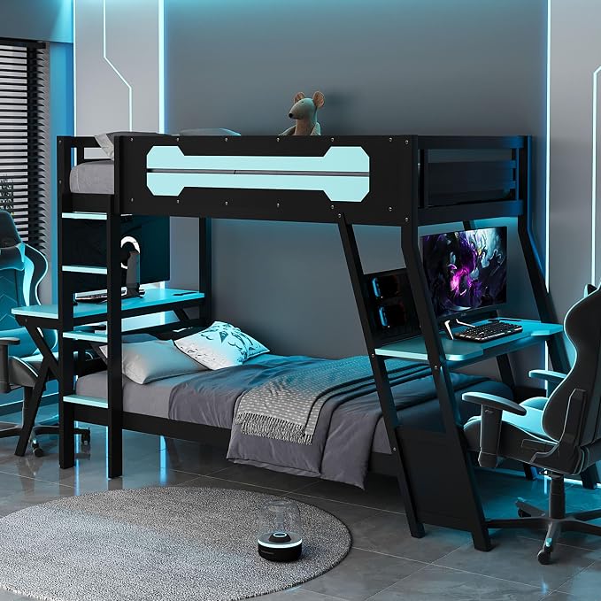 Merax Wooden Twin Over Twin Bunk Bed with 2 Side Desks, USB Desktop Ports and Pegboard Organizer, Gaming Bunk Bed for Gamer, Kids or Teens, No Box Spring Needed, Cloud Blue
