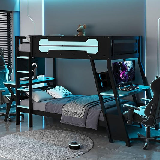 Merax Wooden Twin Over Twin Bunk Bed with 2 Side Desks, USB Desktop Ports and Pegboard Organizer, Gaming Bunk Bed for Gamer, Kids or Teens, No Box Spring Needed, Cloud Blue