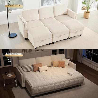 KKL 6 Seaters Sofa Bed for Living Room - Sofa Couch with Storage Ottoman, Convertible L/U-Shaped Sleeper Couch for Living Room, Modern Reversible Design, Beige