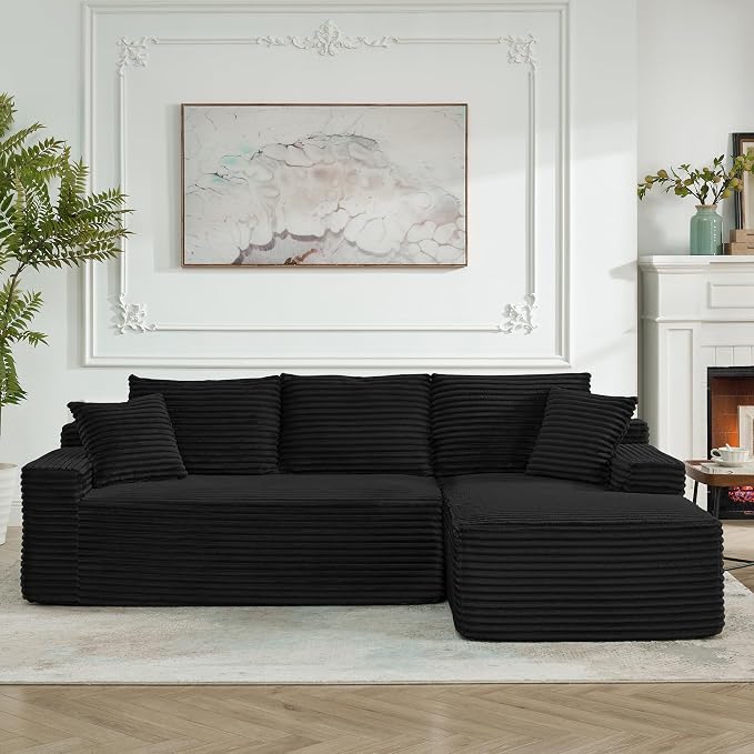 95" L-Shaped Cloud Sectional Couch, Right Facing Modular Compressed Boneless Sectional Sofa with Chaise Lounge, Plush Corduroy Boneless Corner Sofa for Living Room