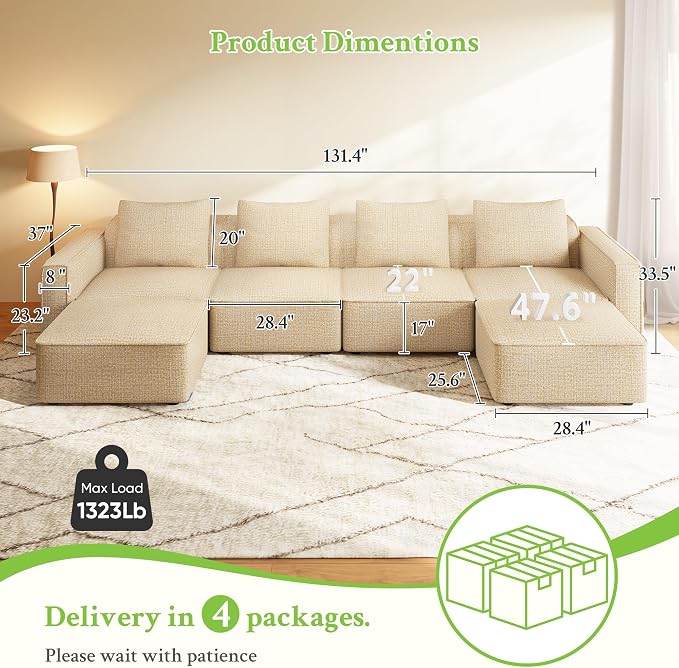 Welzona 132" Locked-in Modular Couch, Minimalist Modular Sectional Sofa, Tool-Free Setup U Shaped Couch & Ottoman, Wood Frame Sofas for Living Room, 22" Deep Seat Chenille Cloud Couch Sectional,Camel