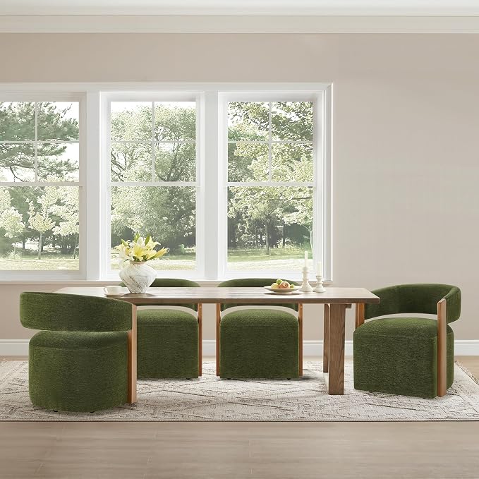 KISLOT Upholstered Dining Chair Set of 1, Barrel Modern Dining Room Chair with Casters, Kitchen Side Wooden Armchair with Fabric Cushion Seat for Bedroom, Livingroom, Reading Room, Green, 1 Box